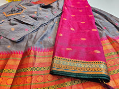 Ready To Wear Fully Stitched, Ethnic Narayanpet Half Saree Set-Grey and Pink