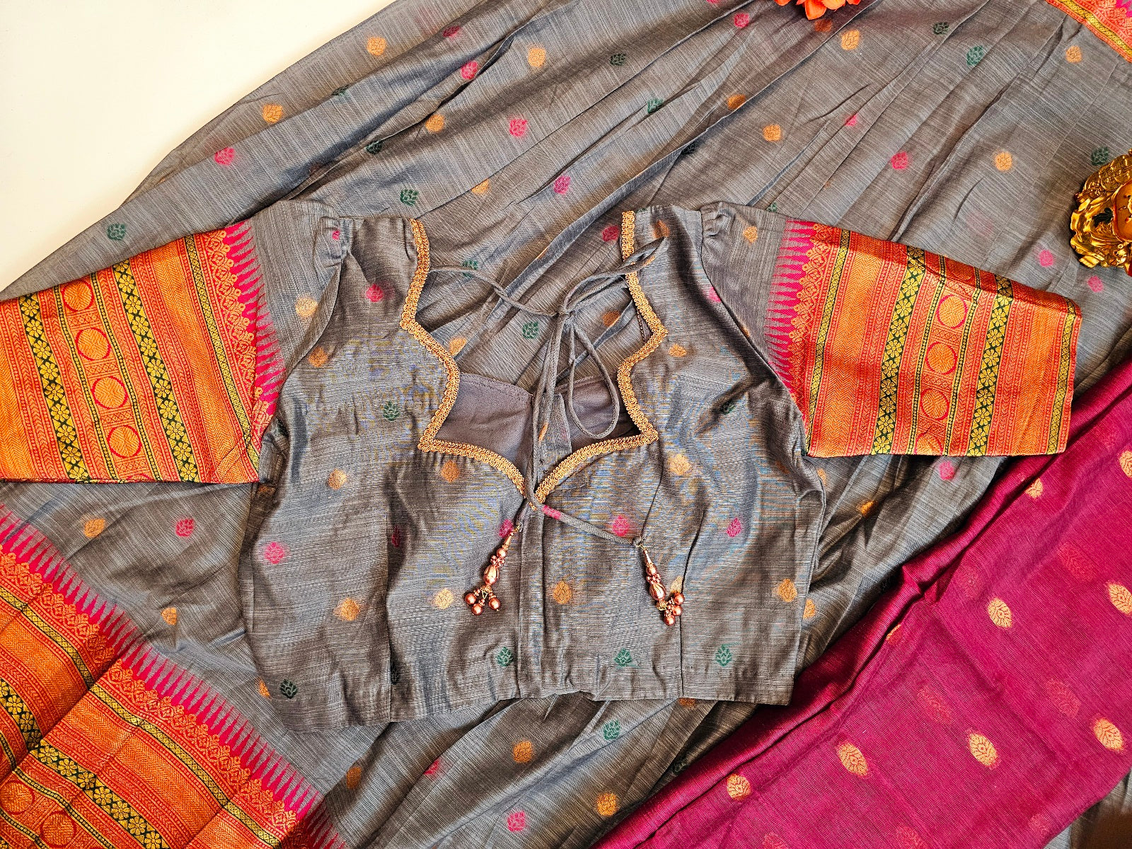 Ready To Wear Fully Stitched, Ethnic Narayanpet Half Saree Set-Grey and Pink