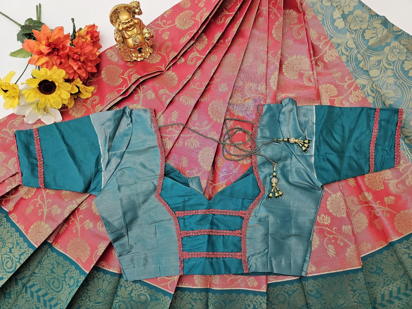 il_fullxfull.6274329310_rdjl.jpg Elegant Tissue Silk Saree: Peach and Green Weaving Work, Stitched Blouse - Image 2