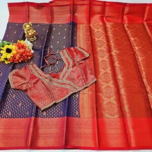 Elegant Soft Silk Saree: Blue & Red Weaving, Stitched Designer Blouse