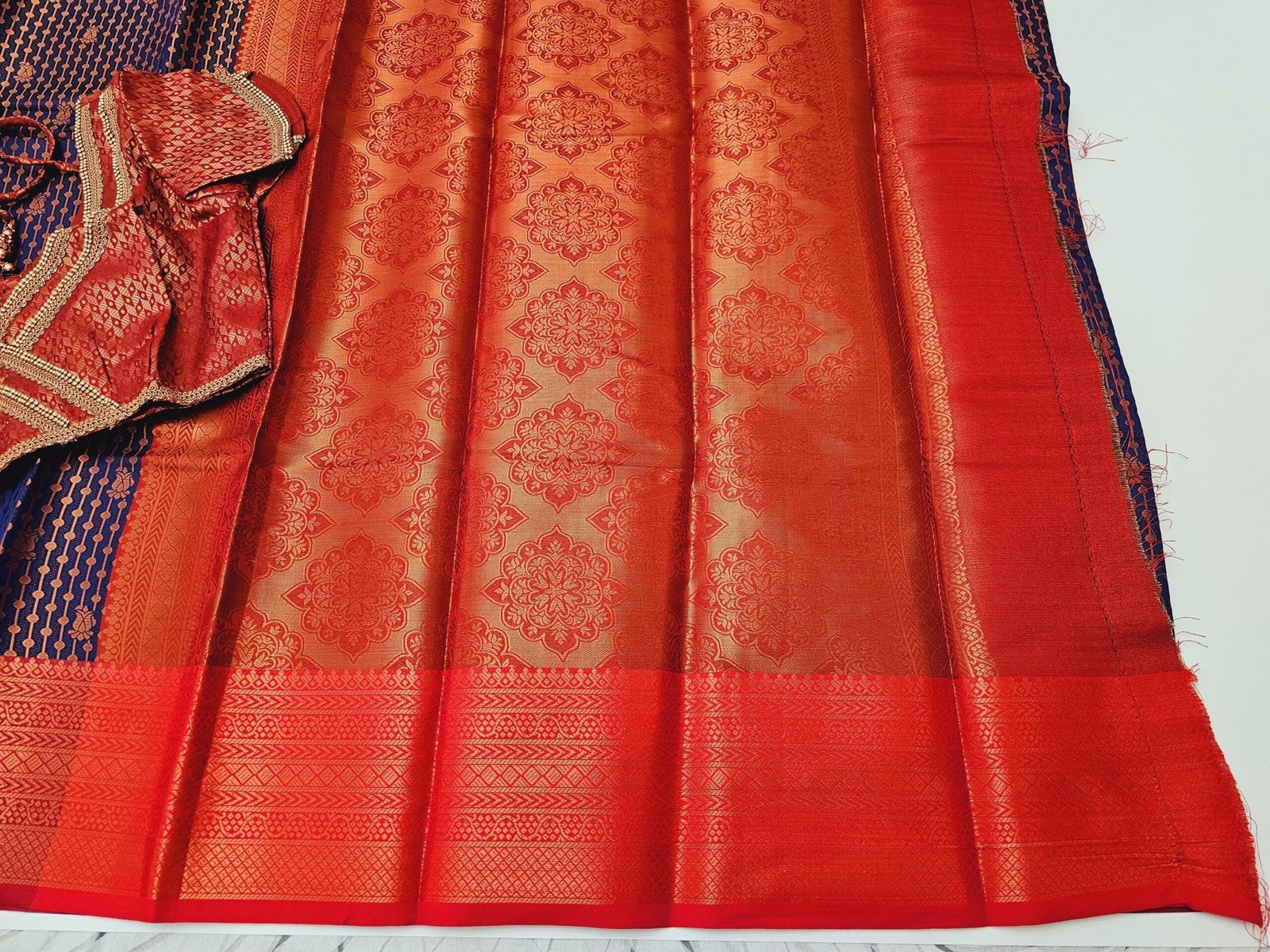il_fullxfull.6274480654_gmof.jpg Elegant Soft Silk Saree: Blue & Red Weaving, Stitched Designer Blouse - Image 5