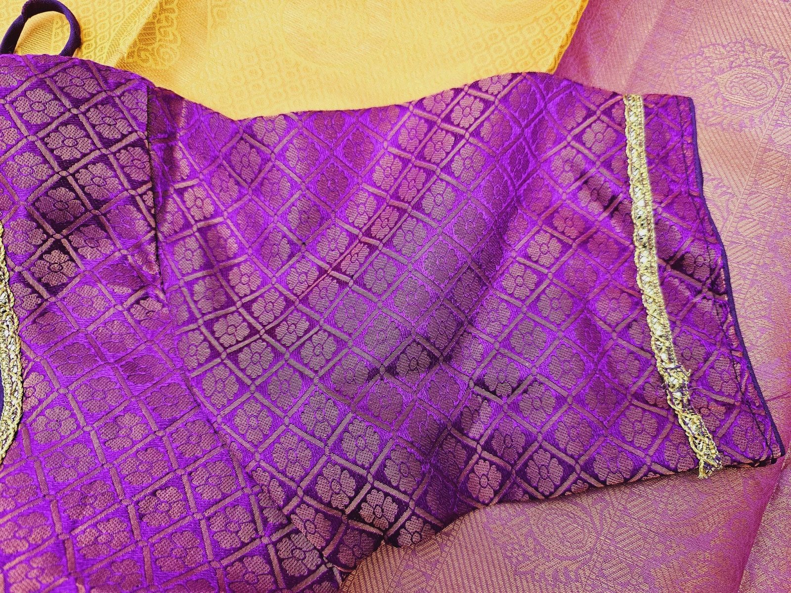 il_fullxfull.6274491288_6d6m.jpg Yellow & Magenta Silk Saree: Designer Stitched Blouse, Weaving Work - Image 4