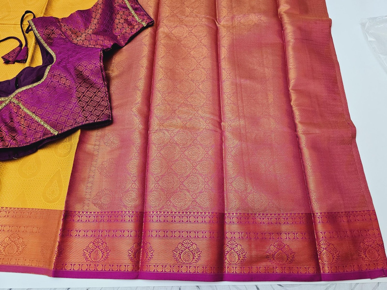 il_fullxfull.6274491486_n99h.jpg Yellow & Magenta Silk Saree: Designer Stitched Blouse, Weaving Work - Image 8