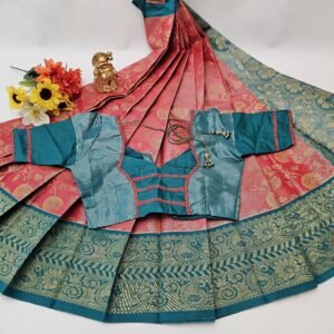 Elegant Tissue Silk Saree: Peach and Green Weaving Work, Stitched Blouse