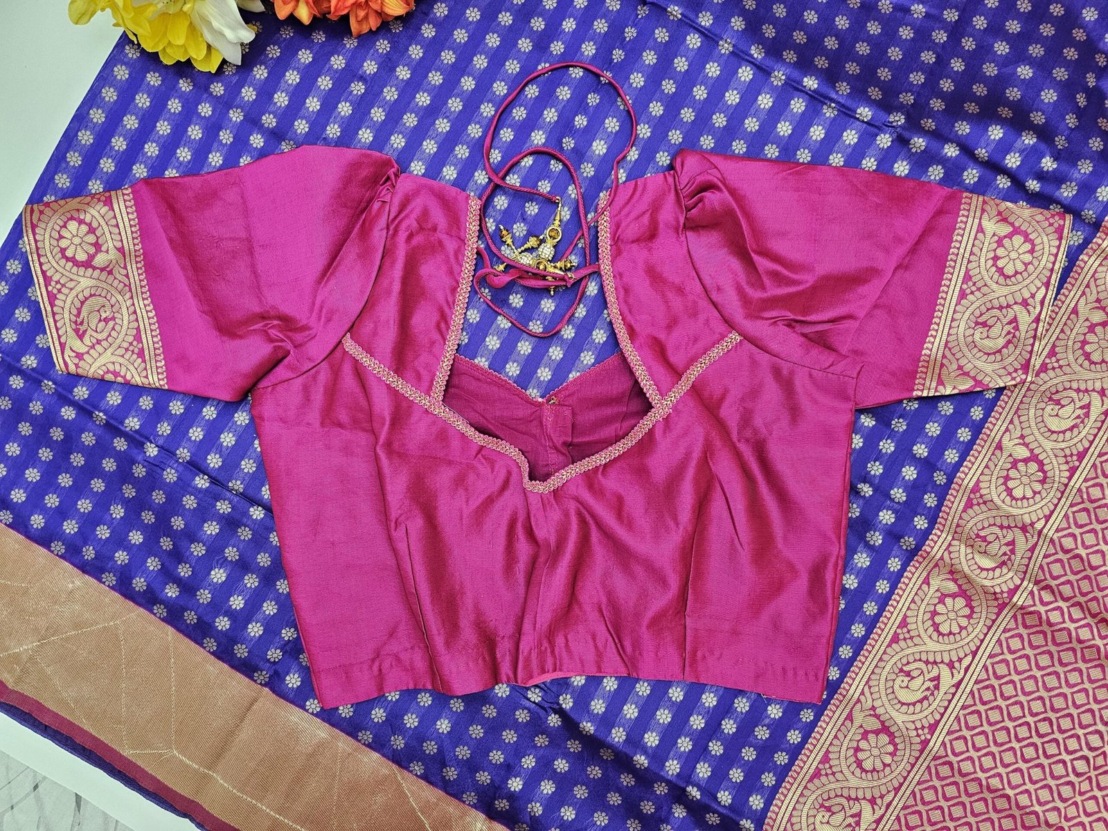 il_fullxfull.6322500829_char.jpg Violet Lichi Silk Saree: Stitched Designer Blouse, Wedding Party Wear - Image 7