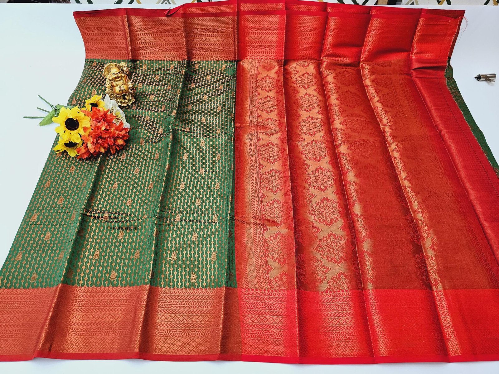 il_fullxfull.6322539553_wwhq.jpg Elegant Green and Red Silk Saree: Woven Design, Stitched Designer Blouse - Image 3