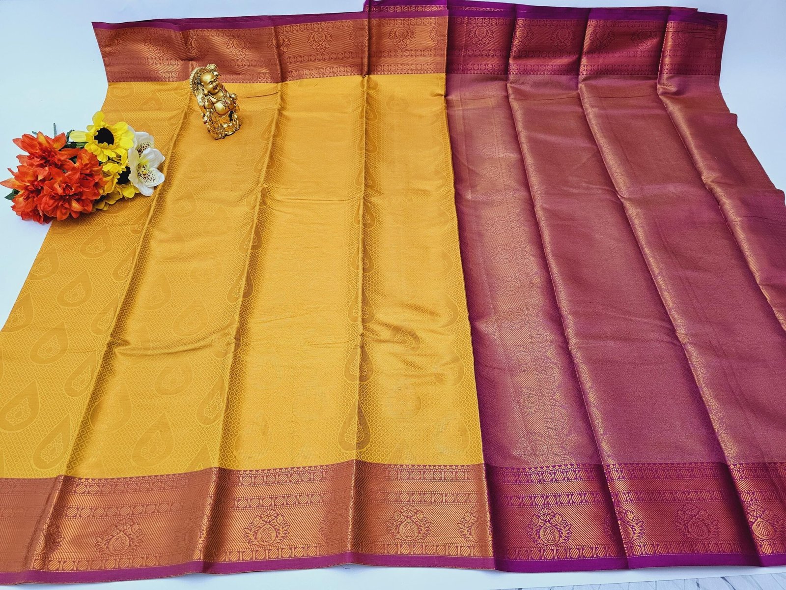 il_fullxfull.6322554133_dwn5.jpg Yellow & Magenta Silk Saree: Designer Stitched Blouse, Weaving Work - Image 6
