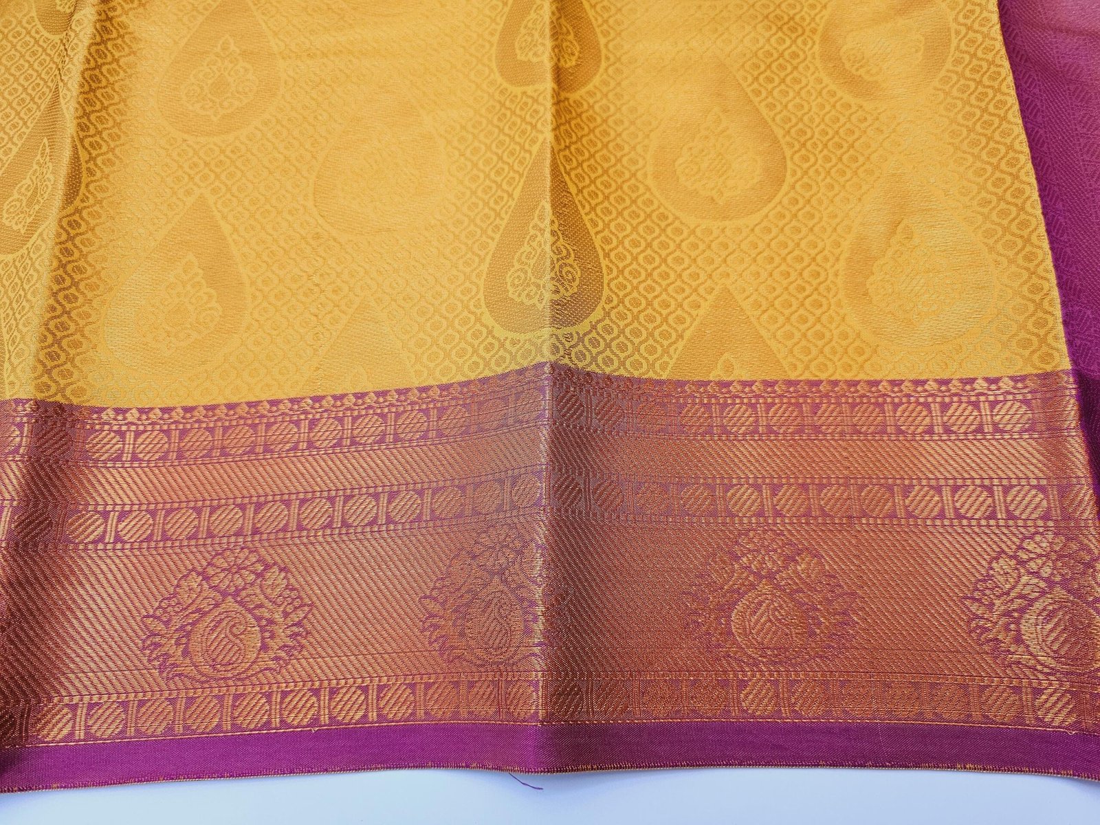 il_fullxfull.6322554393_f42y.jpg Yellow & Magenta Silk Saree: Designer Stitched Blouse, Weaving Work - Image 7