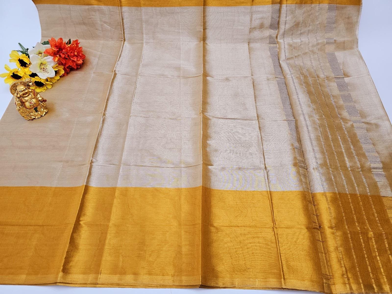 il_fullxfull.6322735459_ibth.jpg Elegant Soft Tissue Silk Saree: Yellow Gold & Maroon, Stitched Designer Blouse - Image 7