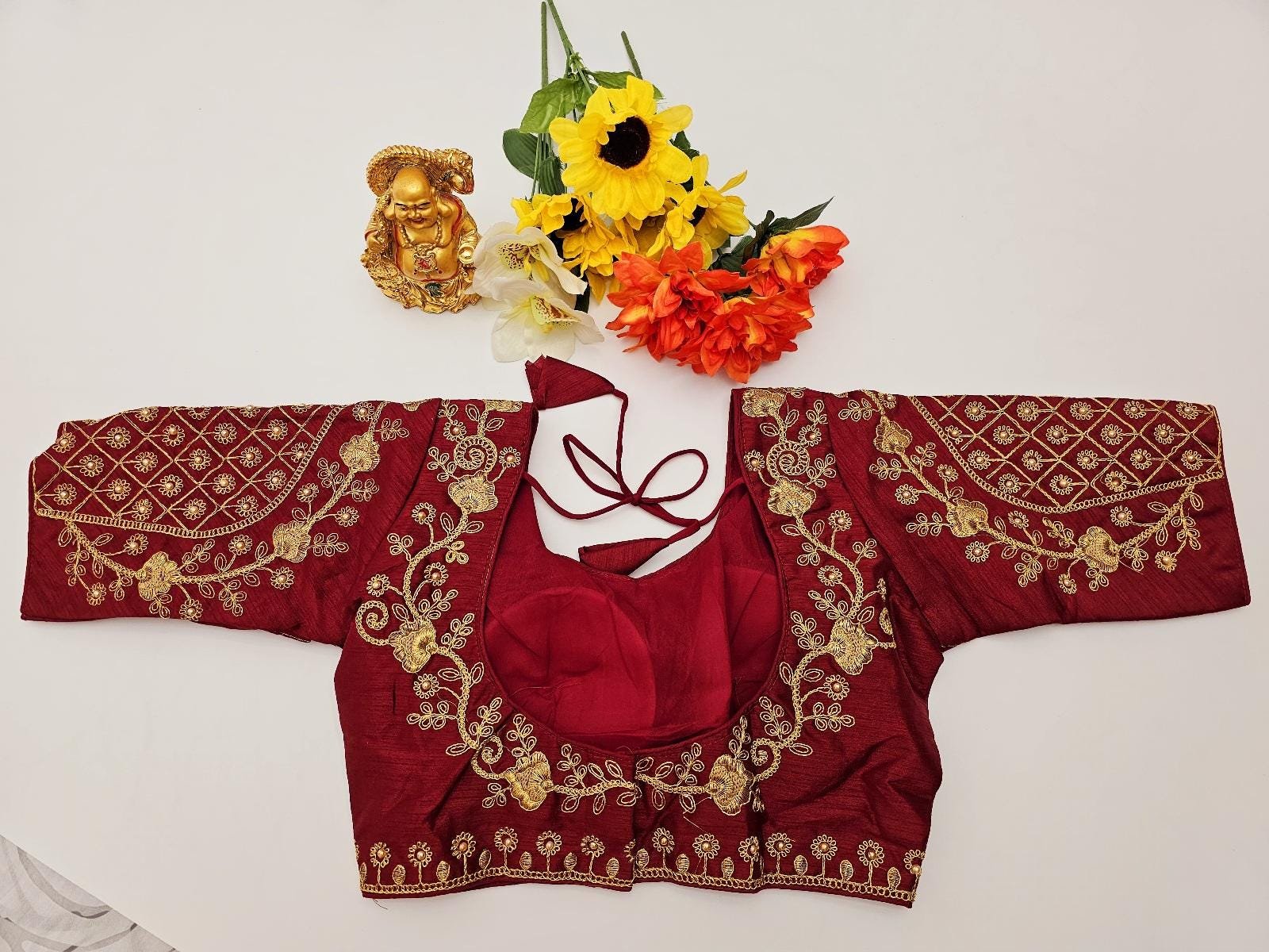 il_fullxfull.6322735761_7y0q.jpg Elegant Soft Tissue Silk Saree: Yellow Gold & Maroon, Stitched Designer Blouse - Image 9