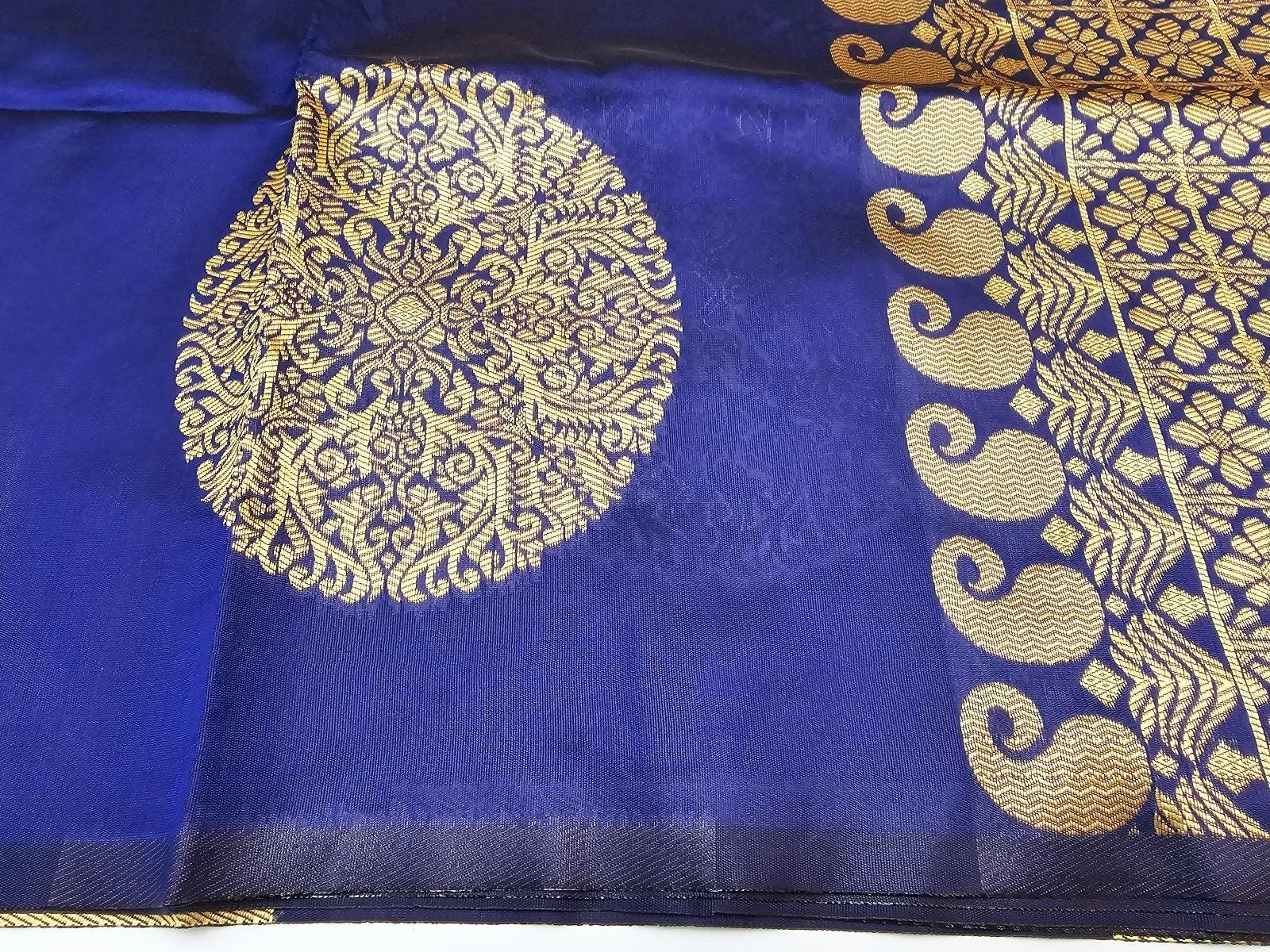il_fullxfull.6357460540_kxlj.jpg Blue Lichi Silk Saree, Gold Jacquard Weaving, Unstitched Blouse - Image 2