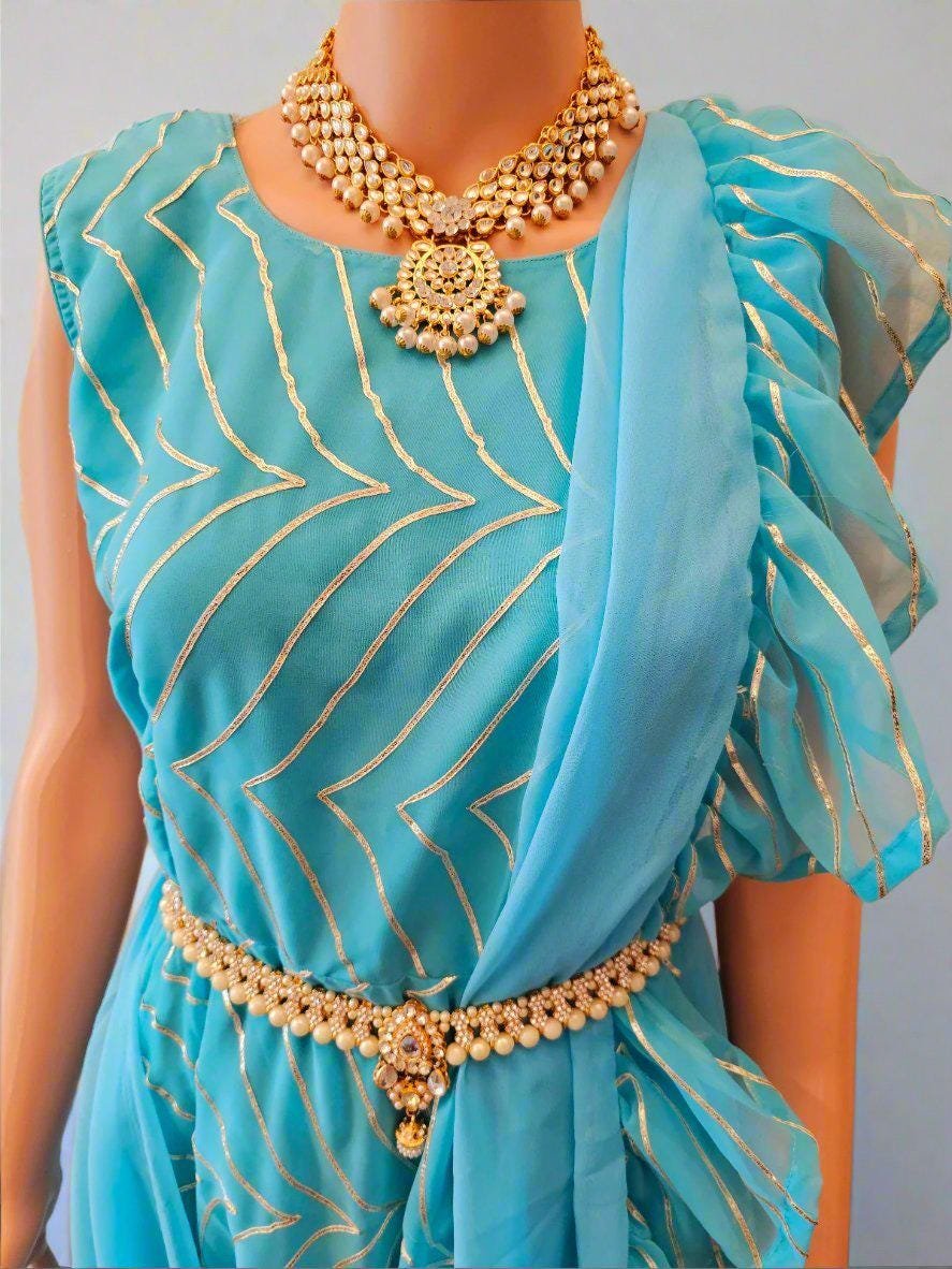 il_fullxfull.6601366639_8zh3.jpg Blue Ready-to-Wear Party Saree Gown | Fully Stitched Georgette Saree Dress | Indian Wedding & Festival Outfit - Image 5