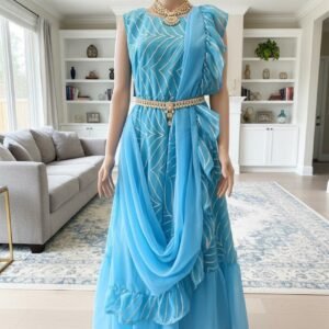 Blue Ready-to-Wear Party Saree Gown | Fully Stitched Georgette Saree Dress | Indian Wedding & Festival Outfit