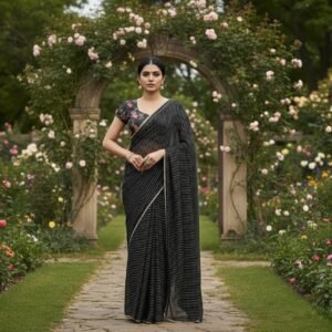 Black Sequin Striped Saree with Floral Blouse | Party Wear