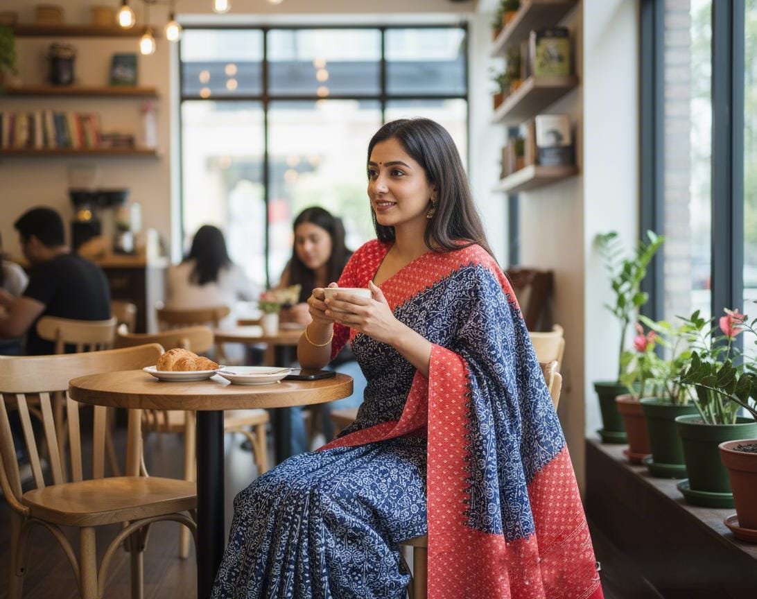 il_fullxfull.7312949208_8gzr.jpg Blue & Red Linen Cotton Saree | Hand Block Print Sari with Blouse - Image 7