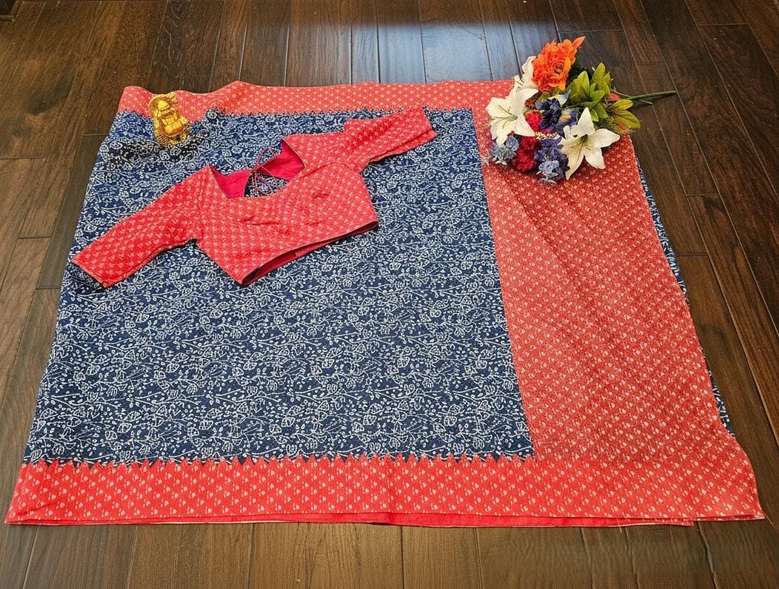 il_fullxfull.7312949250_kkyd.jpg Blue & Red Linen Cotton Saree | Hand Block Print Sari with Blouse - Image 2