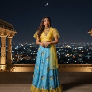 Home Fully Stitched Indian Ethnic Yellow and Blue Lehenga Choli Dupatta Set for Women/Girls