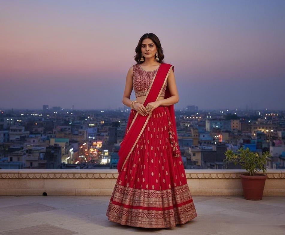 il_fullxfull.7368169503_dm89.jpg Red Lehenga Choli Set | Mirror Work Blouse, Indian Wedding Outfit - Image 9