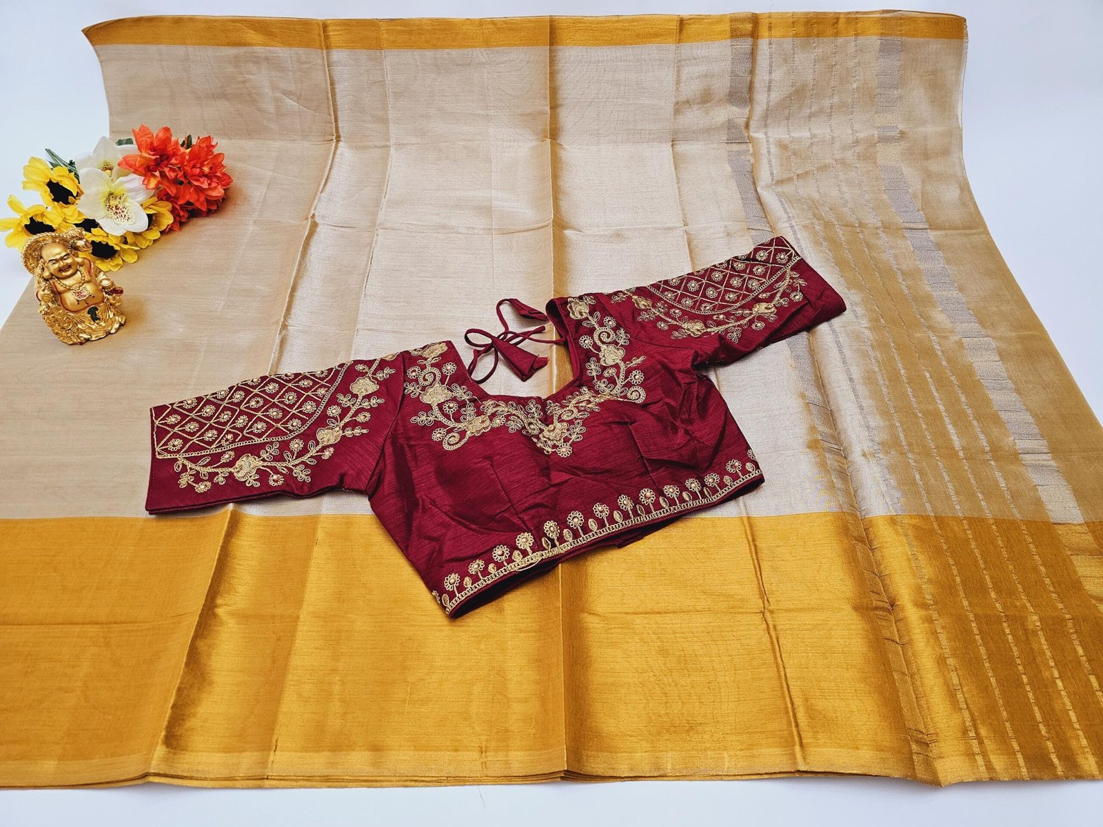 il_fullxfull.6274659976_l2ea.jpg Elegant Soft Tissue Silk Saree: Yellow Gold & Maroon, Stitched Designer Blouse