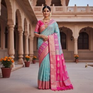 Blue & Pink Kota Silk Saree | Zari Border, Stitched Blouse