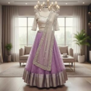 Ready To Wear Fully Stitched Trendy Organza Half Sarees Sets - Lavender