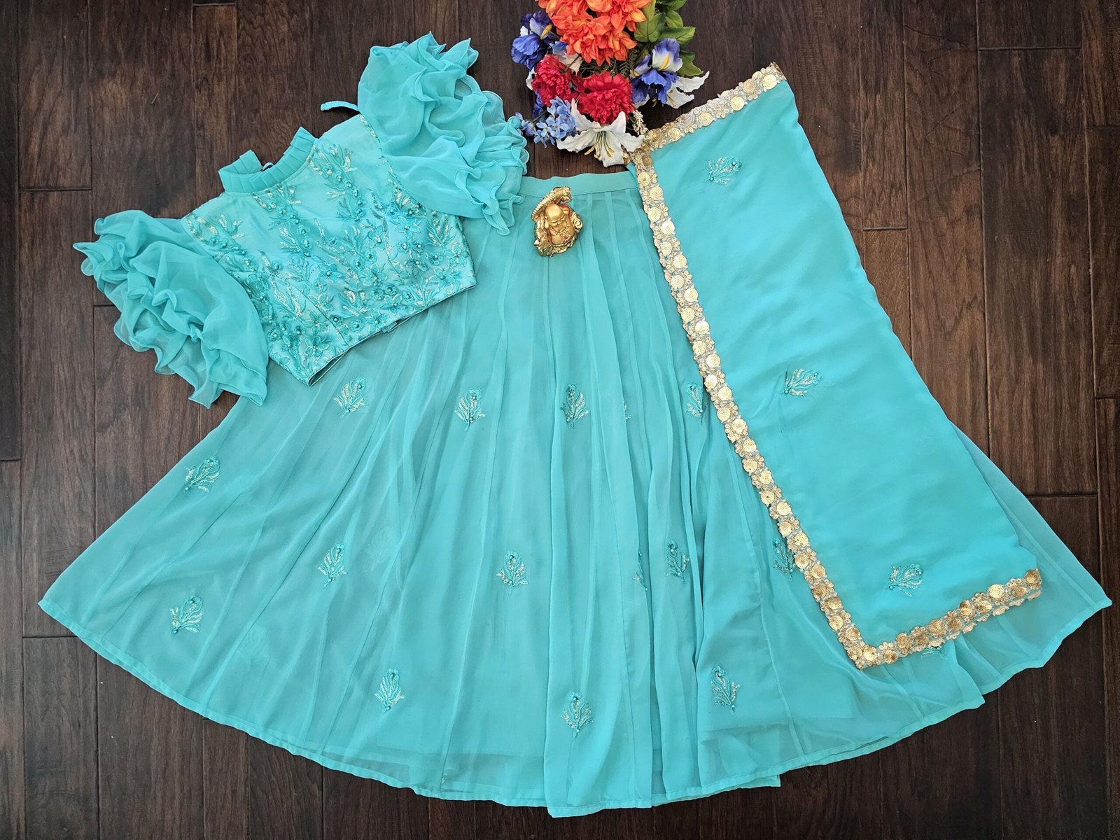 il_fullxfull.7384392606_6418.jpg Turquoise Lehenga Choli Set – Georgette Ruffle Sleeve Indian Outfit - Image 2