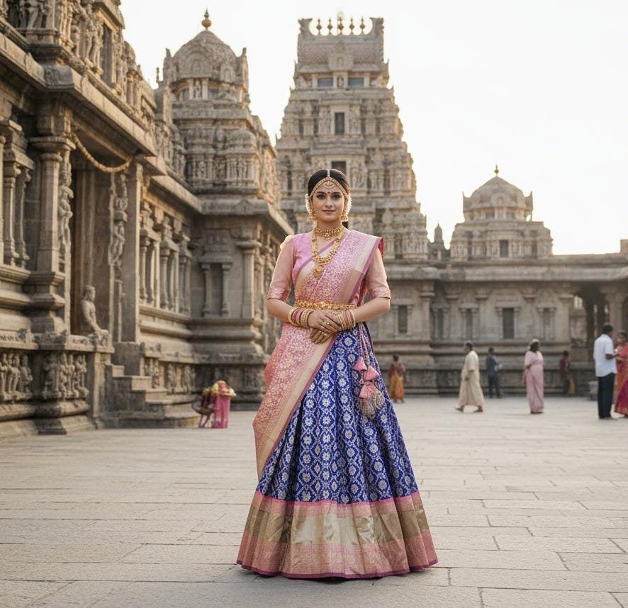 il_fullxfull.7398318156_swmi.jpg Blue & Pink Banarasi Silk Lehenga Set | Zari Weave Ghagra Choli - Image 7