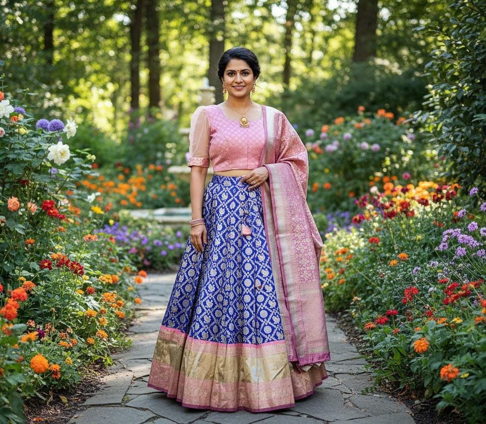 il_fullxfull.7446233479_g2wb.jpg Blue & Pink Banarasi Silk Lehenga Set | Zari Weave Ghagra Choli - Image 5