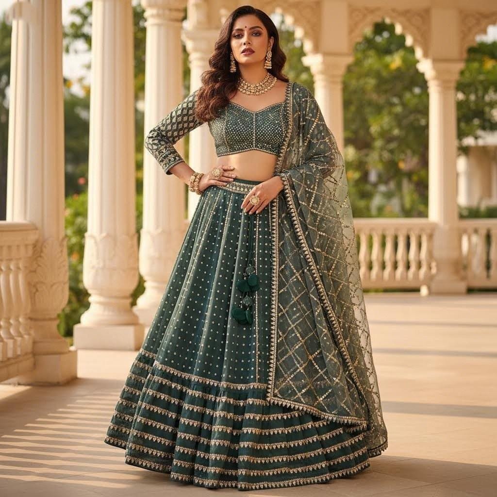 Olive Green Lehenga Choli • Sequins & Zari Embroidered Bridal Outfit