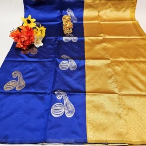 Blue Lichi Silk Saree, Gold Jacquard Weaving, Unstitched Blouse