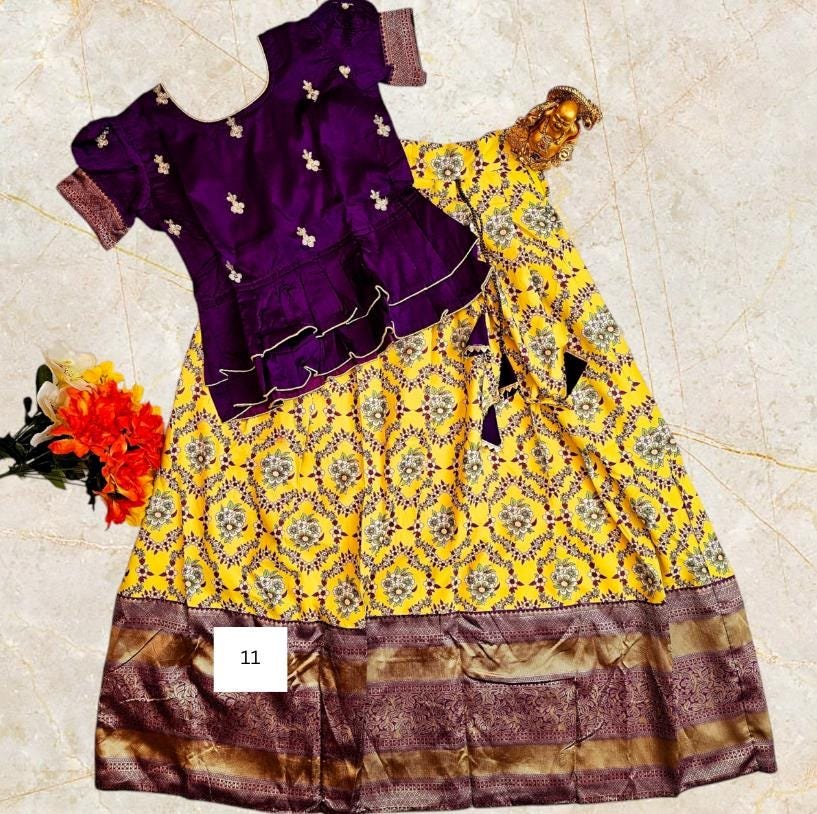 Girls' Silk Lehenga Choli Set: Indian Ethnic Pattu Skirt with Top