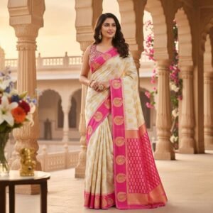 Cream Silk Saree with Hot Pink Border Banarasi Style Saree with Mirror Work Blouse | Golden Butta Work | Festive Wear Saree