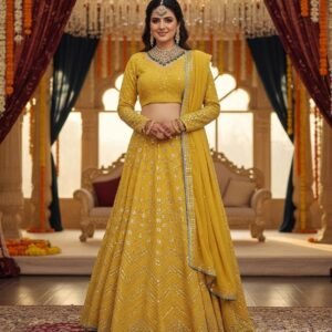 Yellow Mirror Work Lehenga Choli | Embroidered Indian Haldi Dress