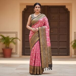 Pink Banarasi Silk Saree | Black & Gold Zari, Mirror Work Blouse