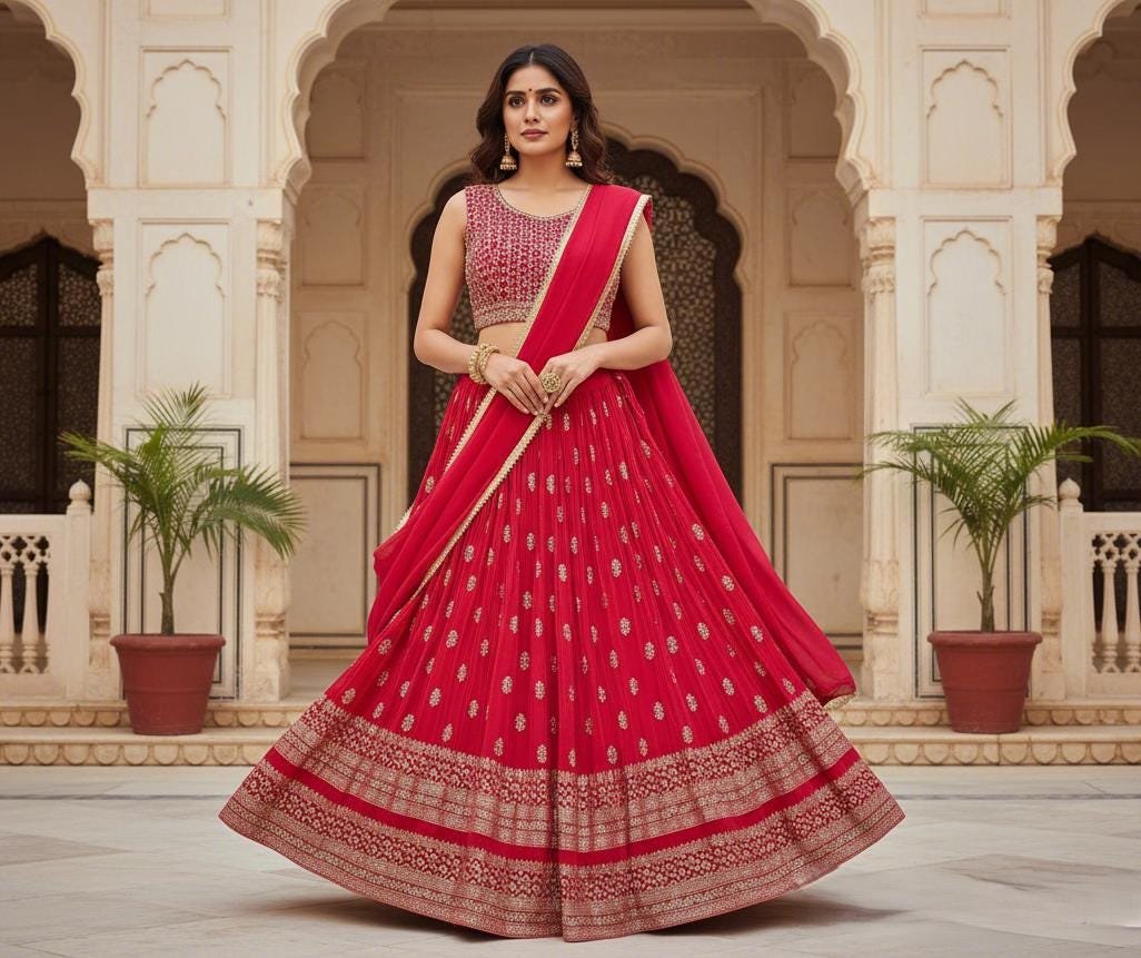 il_fullxfull.7368169485_mncc.jpg Red Lehenga Choli Set | Mirror Work Blouse, Indian Wedding Outfit - Image 3