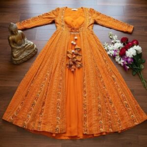 Orange Georgette Anarkali Dress • Digital Print Long Jacket Lehenga