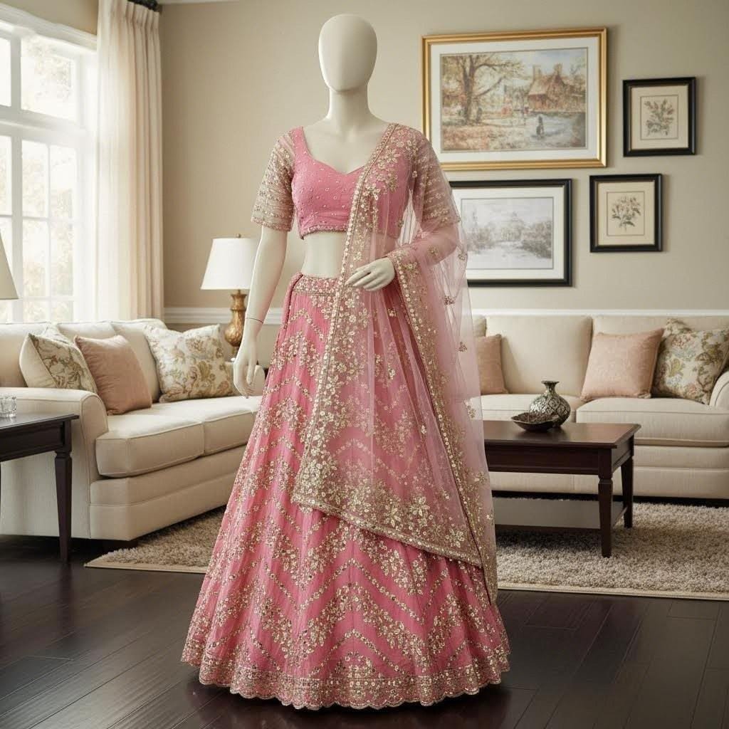 il_fullxfull.7499465362_2d41.jpg Pink Foil Mirror Work Lehenga Choli • Sequin Embroidered Indian Wedding Outfit - Image 6