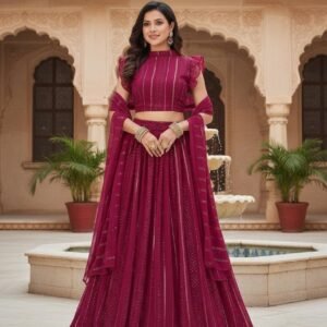 Wine Georgette Lehenga Choli • Ruffle Sleeve Indian Outfit