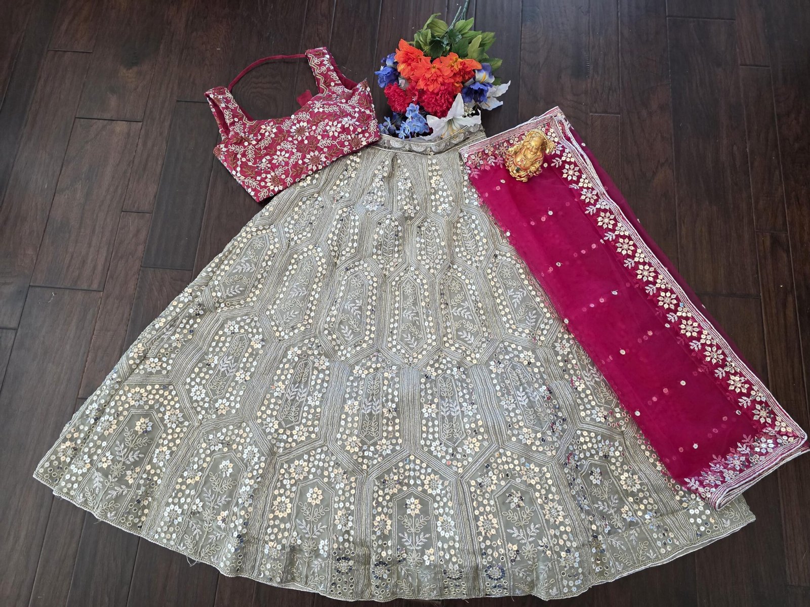 il_fullxfull.7523328714_dky9.jpg Sage Green Embroidered Lehenga Choli with Pink Dupatta | Mirror Work Indian Wedding Party Wear - Image 2