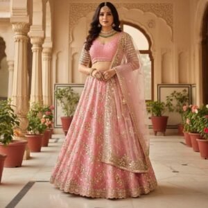 Pink Foil Mirror Work Lehenga Choli • Sequin Embroidered Indian Wedding Outfit