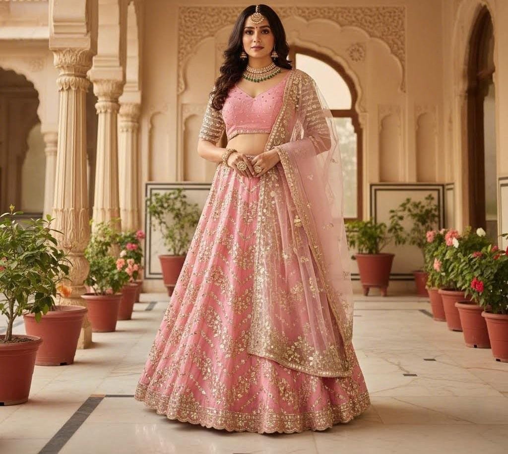 il_fullxfull.7547401989_1jyy.jpg Pink Foil Mirror Work Lehenga Choli • Sequin Embroidered Indian Wedding Outfit