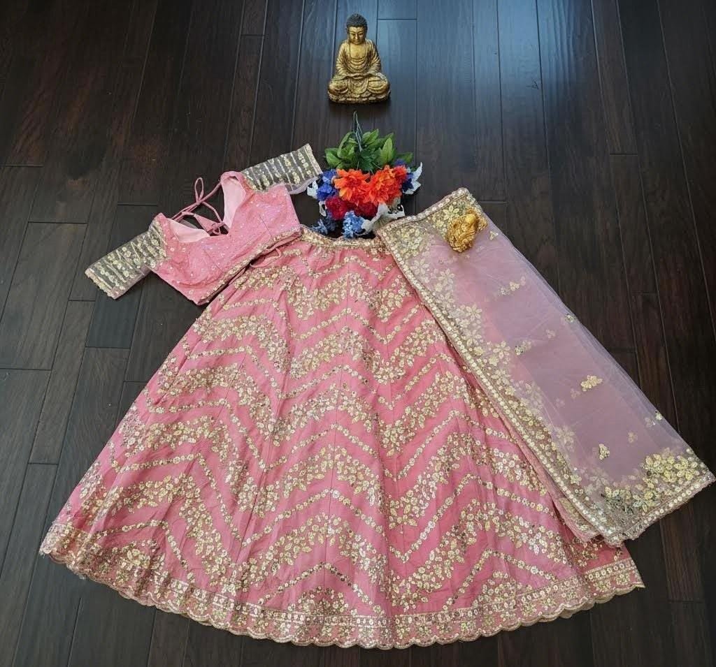il_fullxfull.7547402013_6lji.jpg Pink Foil Mirror Work Lehenga Choli • Sequin Embroidered Indian Wedding Outfit - Image 8