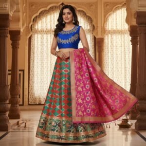 banarasi silk lehenga choli dupatta set: zari weaving, fully stitched and ready to wear