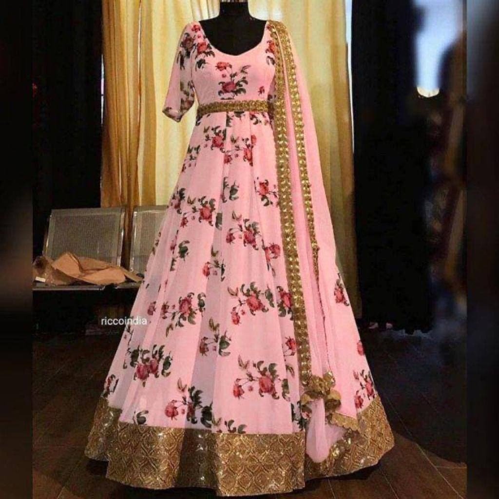 Fully Stitch Women Designer Long Floral Gown With Dupatta Set - Soft Butter Silk