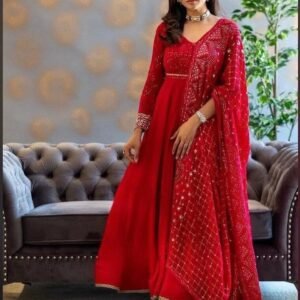 Embroidered Fox Georgette Gown with Dupatta – Indian Party Wear