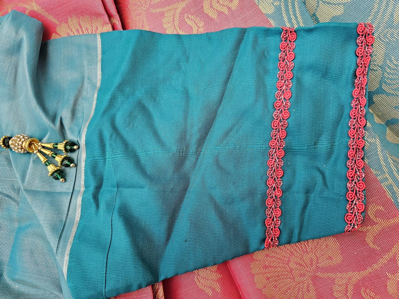 il_fullxfull.6274330820_6zwi.jpg Elegant Tissue Silk Saree: Peach and Green Weaving Work, Stitched Blouse - Image 4