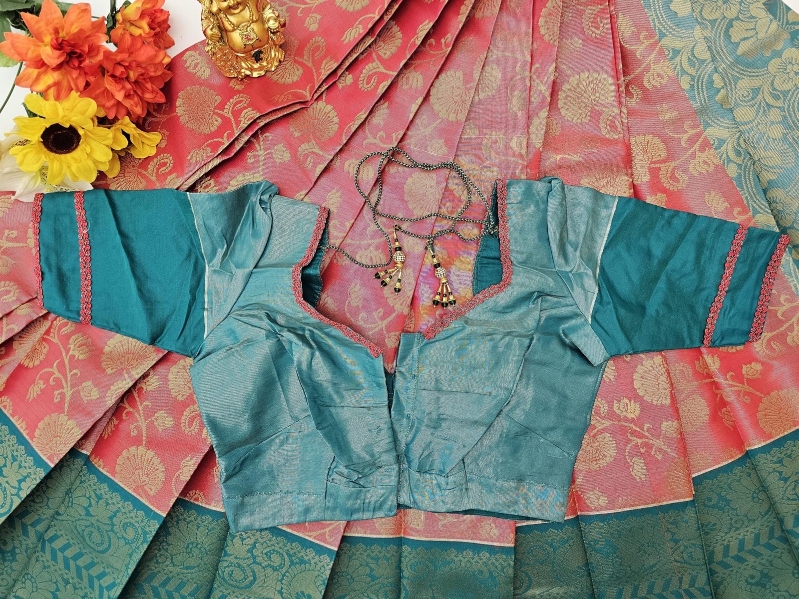 il_fullxfull.6274331764_67sr.jpg Elegant Tissue Silk Saree: Peach and Green Weaving Work, Stitched Blouse - Image 7
