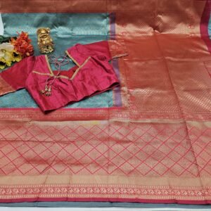 Teal Lichi Silk Saree: Woven Pallu with Stitched Designer Blouse