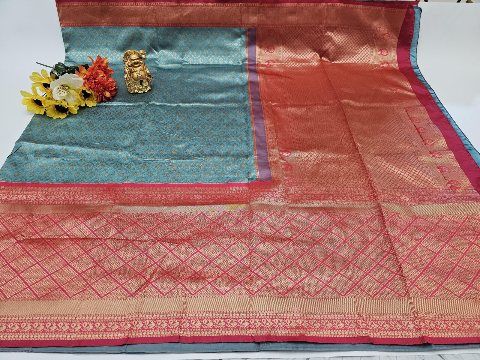 il_fullxfull.6274438722_hd6l.jpg Teal Lichi Silk Saree: Woven Pallu with Stitched Designer Blouse - Image 10