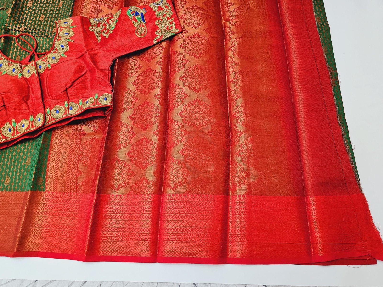 il_fullxfull.6274475674_c7oh.jpg Elegant Green and Red Silk Saree: Woven Design, Stitched Designer Blouse - Image 8